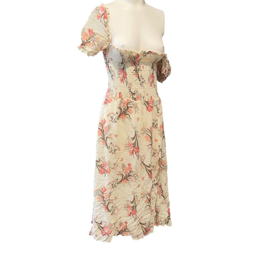 REFORMATION Leila Pink Floral Print INKA Smocked Bodice Slit Crepe Dress M - Picture 2 of 14